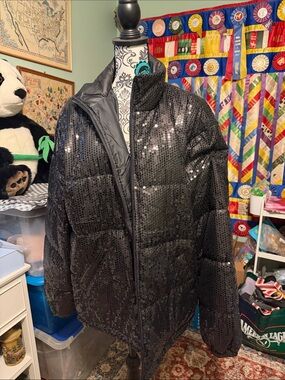 Sequin Black Puffer Jacket - Women